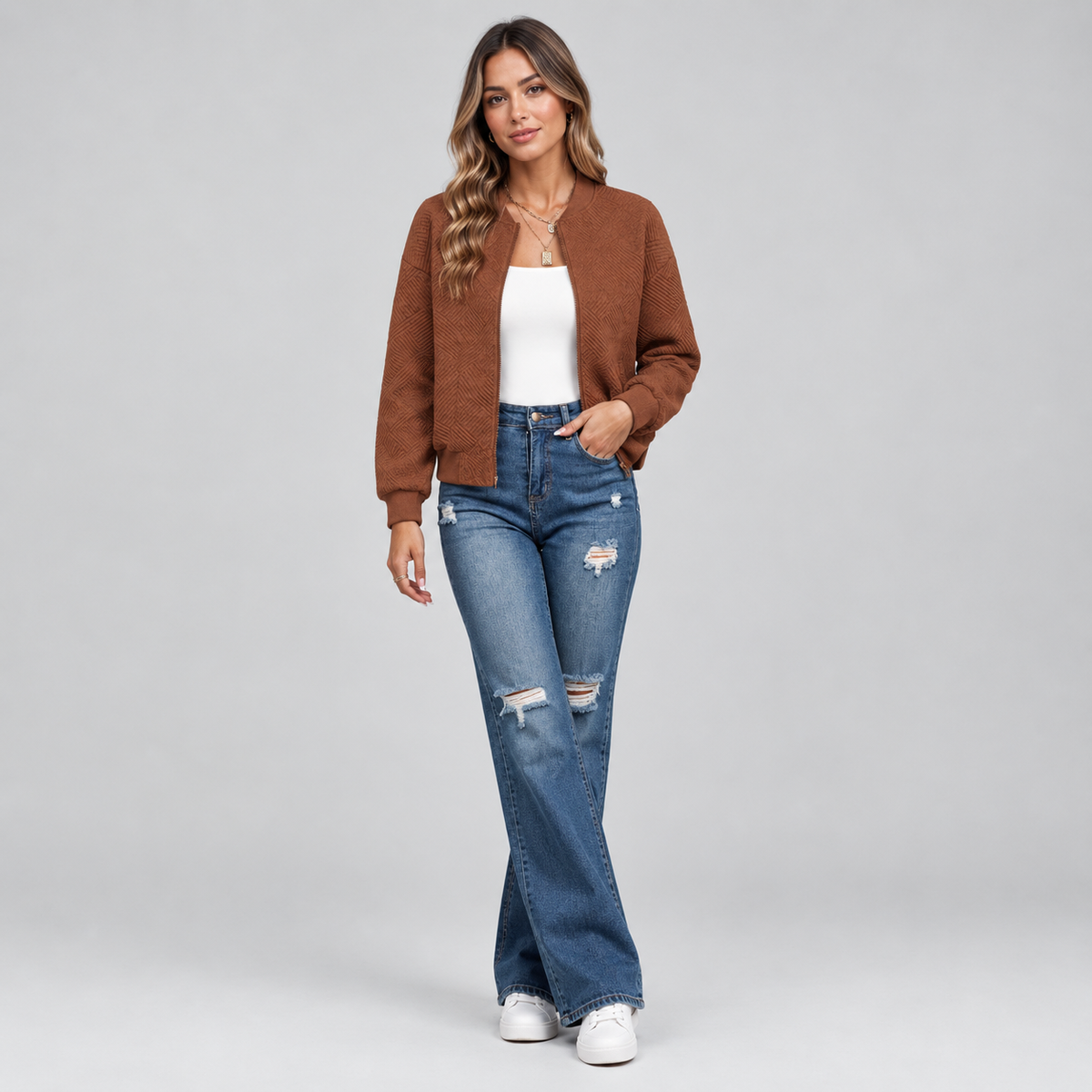 Women's Textured Quilted Cropped Bomber Jacket — product image