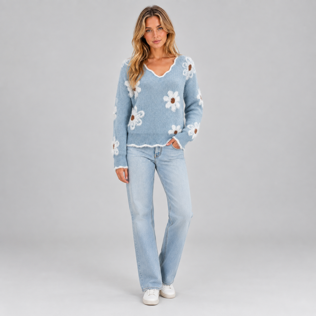 Women’s Floral V-Neck Jumper on a model, front view