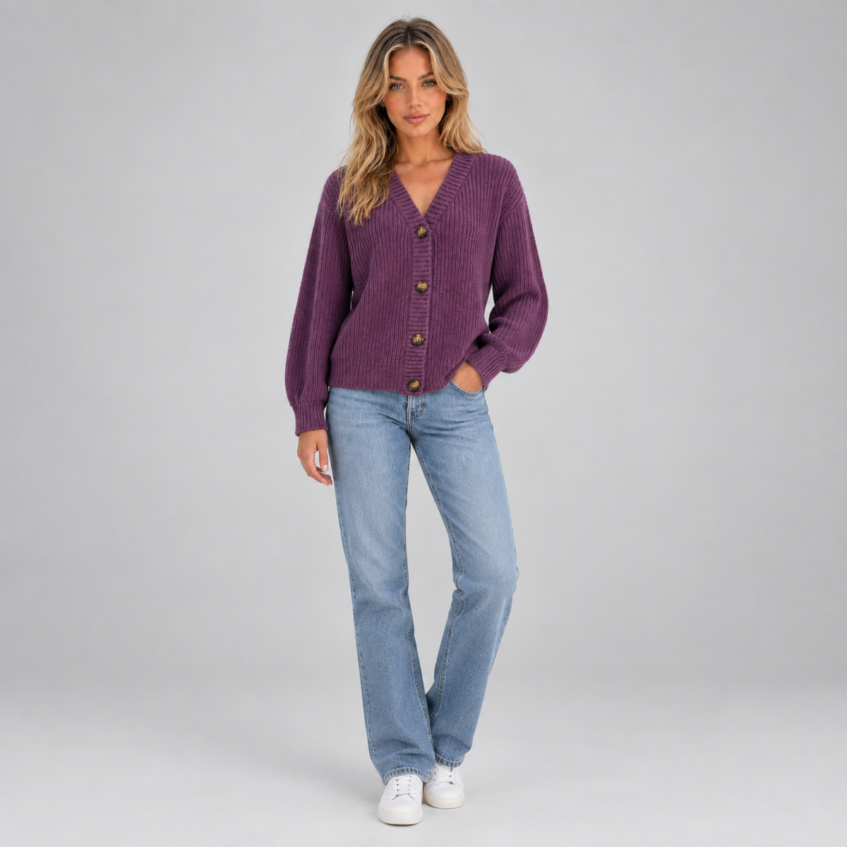 Women’s Chunky Knit Cardigan on a model, front view