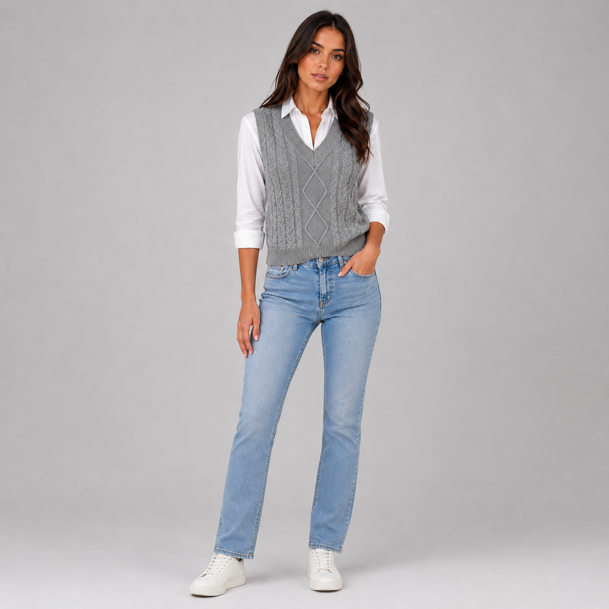Women’s Sleeveless Cable Knit Sweater Vest on a model, front view