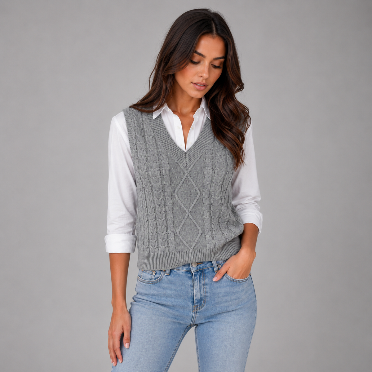 Women’s Sleeveless Cable Knit Sweater Vest on a model, front detail