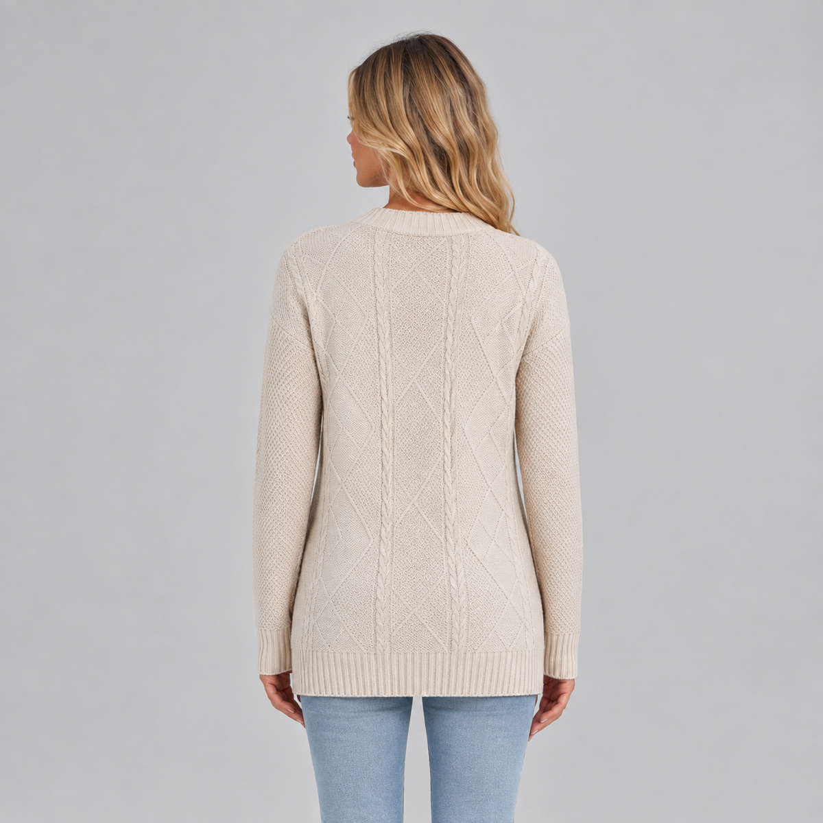 Women’s Cable Knit Button Cardigan on a model, back view