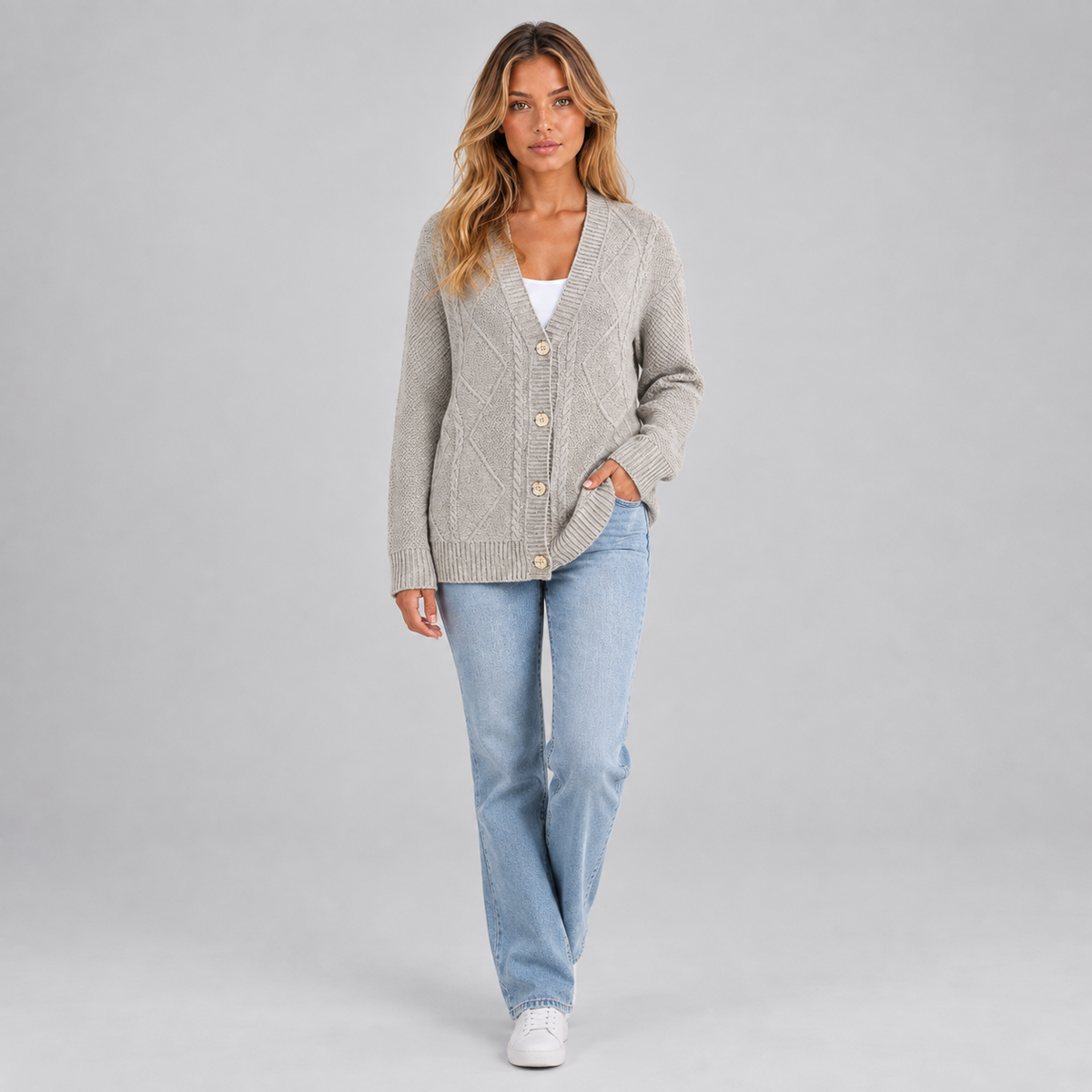 Women’s Cable Knit Button Cardigan on a model, colour option