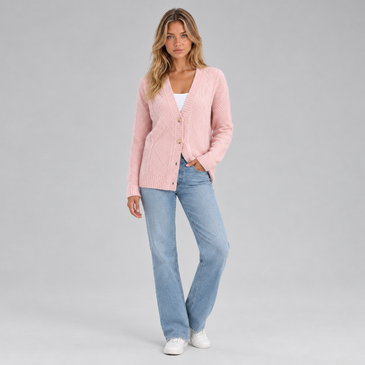 Women’s Cable Knit Button Cardigan on a model, colour option
