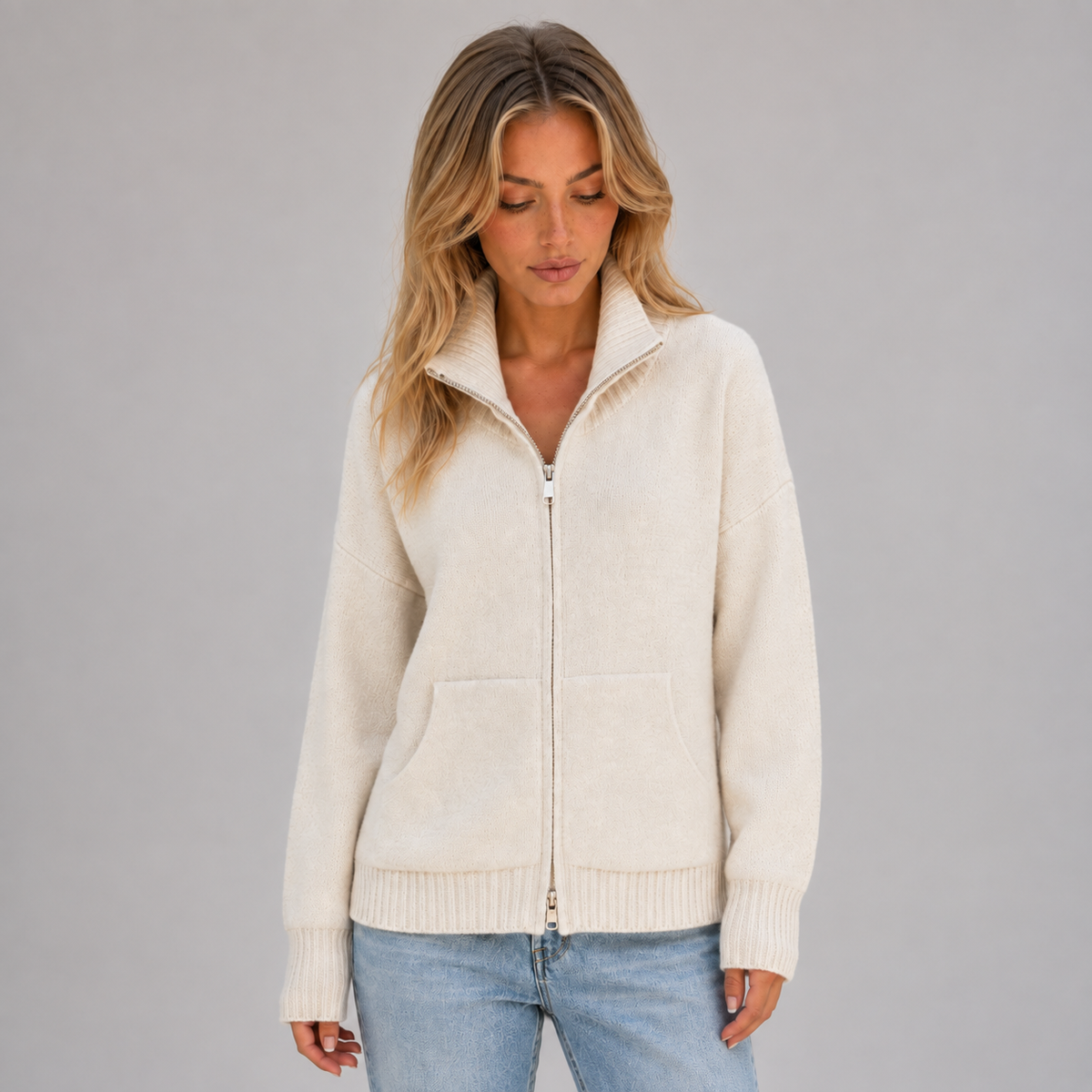 Women’s Zip Up Knitted Cardigan on a model, front detail