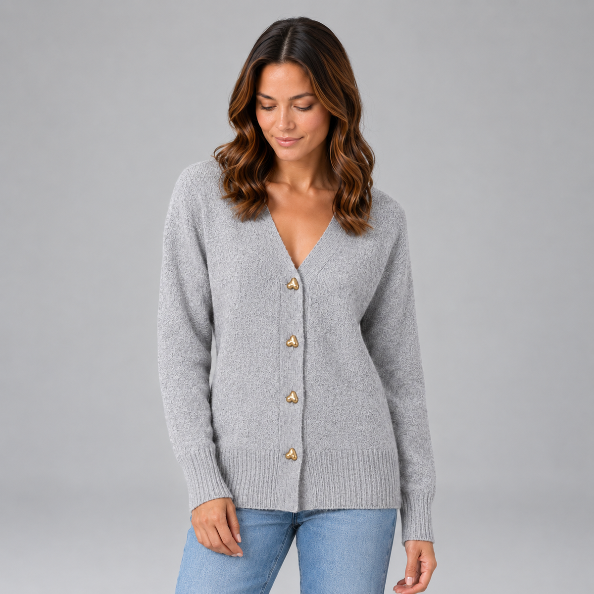 Women’s Heart Button Cardigan on a model, front detail