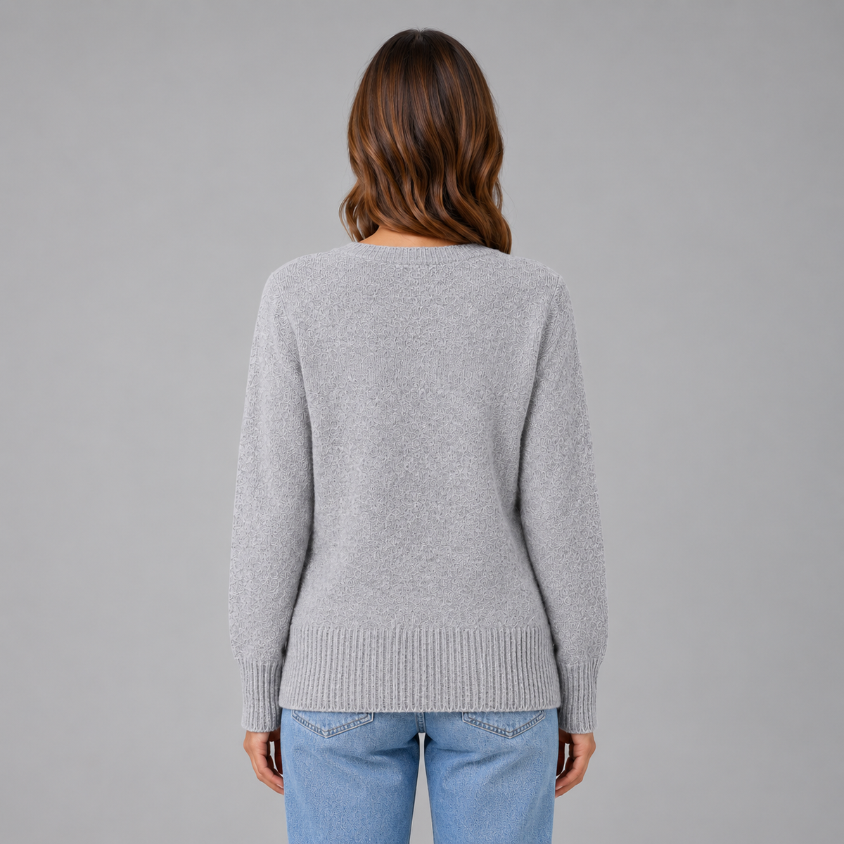 Women’s Heart Button Cardigan on a model, back view