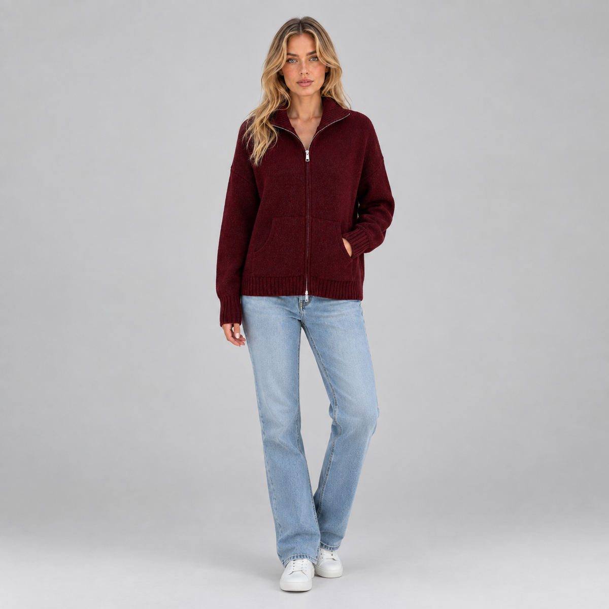 Women’s Zip Up Knitted Cardigan on a model, colour option