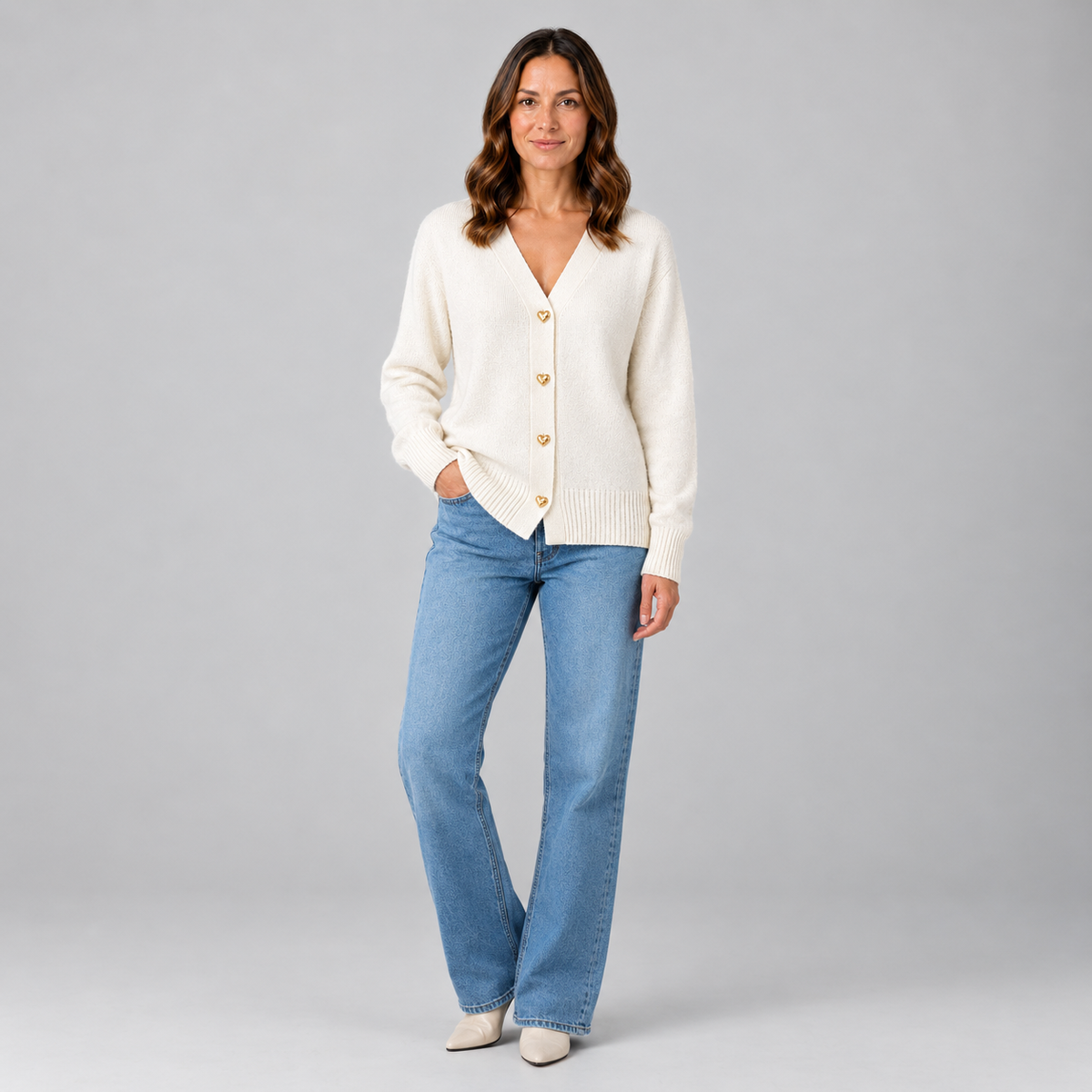 Women’s Heart Button Cardigan on a model, colour option