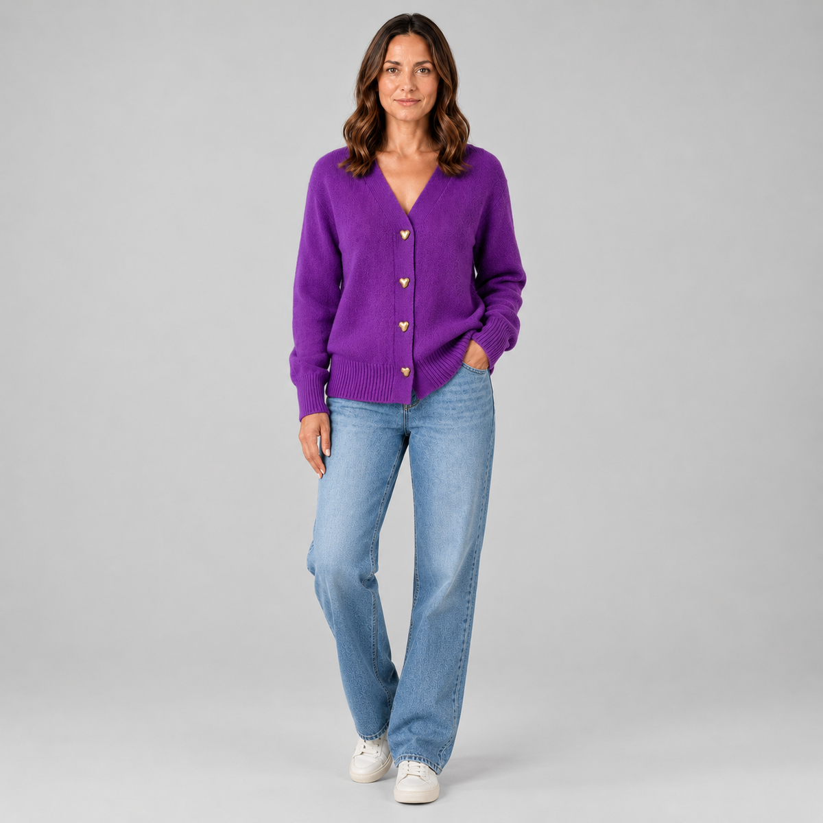 Women’s Heart Button Cardigan on a model, colour option