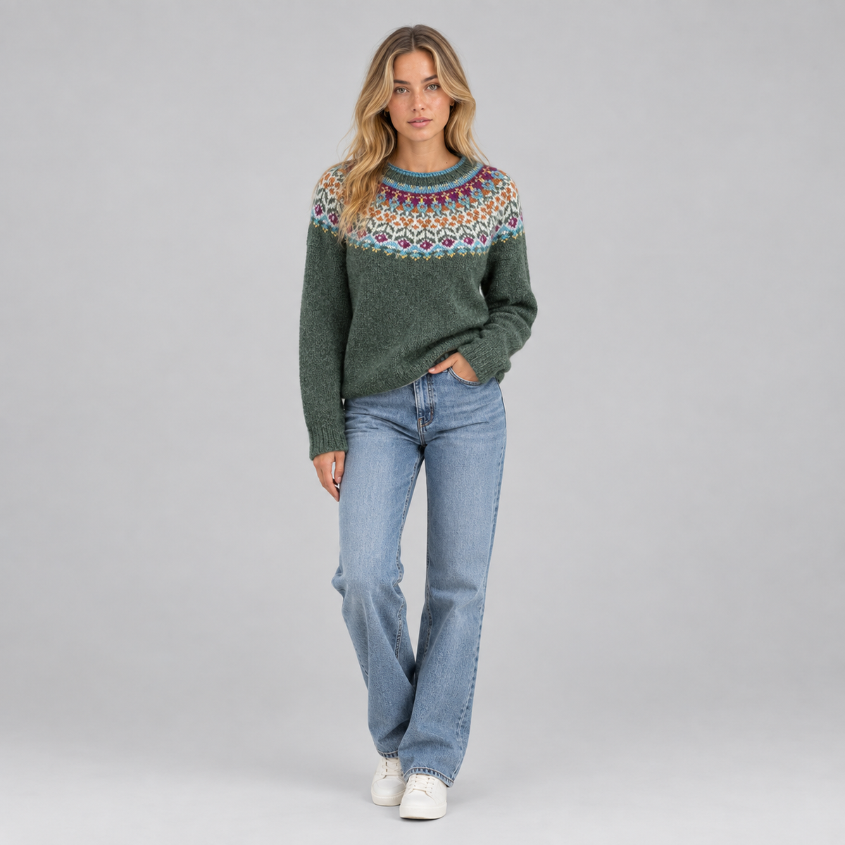 Women’s Vintage Floral Yoke Knit Sweater on a model, front view