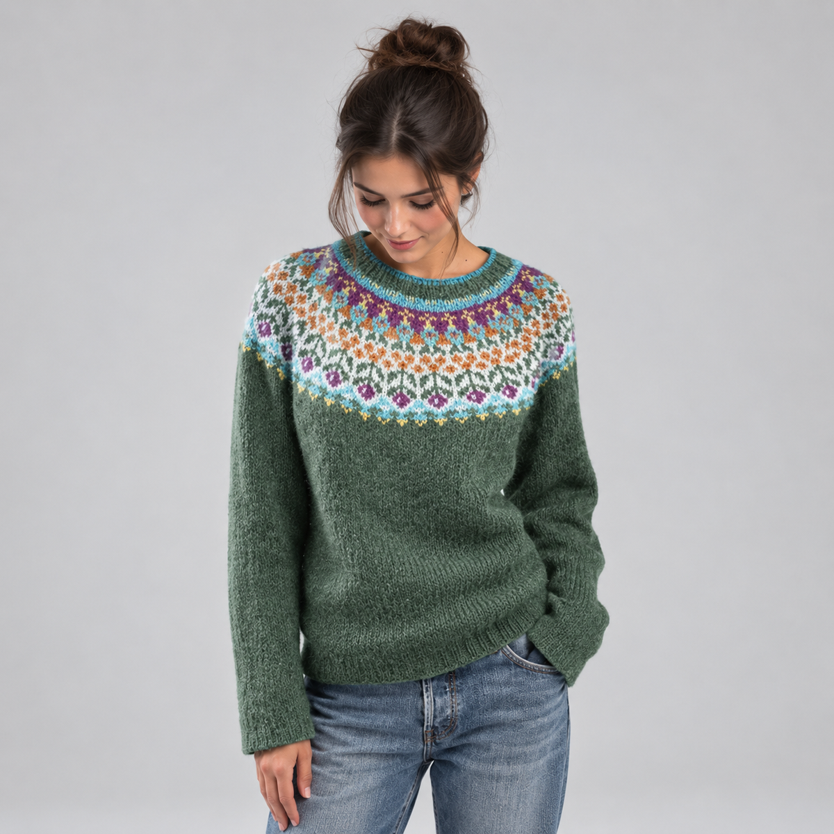 Women’s Vintage Floral Yoke Knit Sweater on a model, front detail