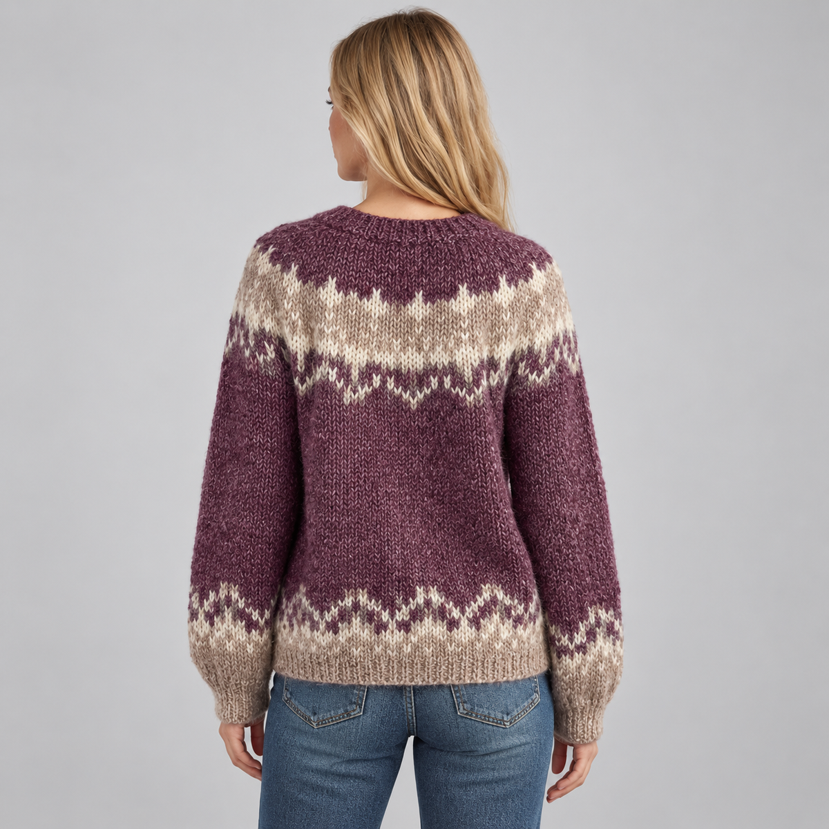 Women’s Fair Isle Jacquard Knit Sweater on a model, back view