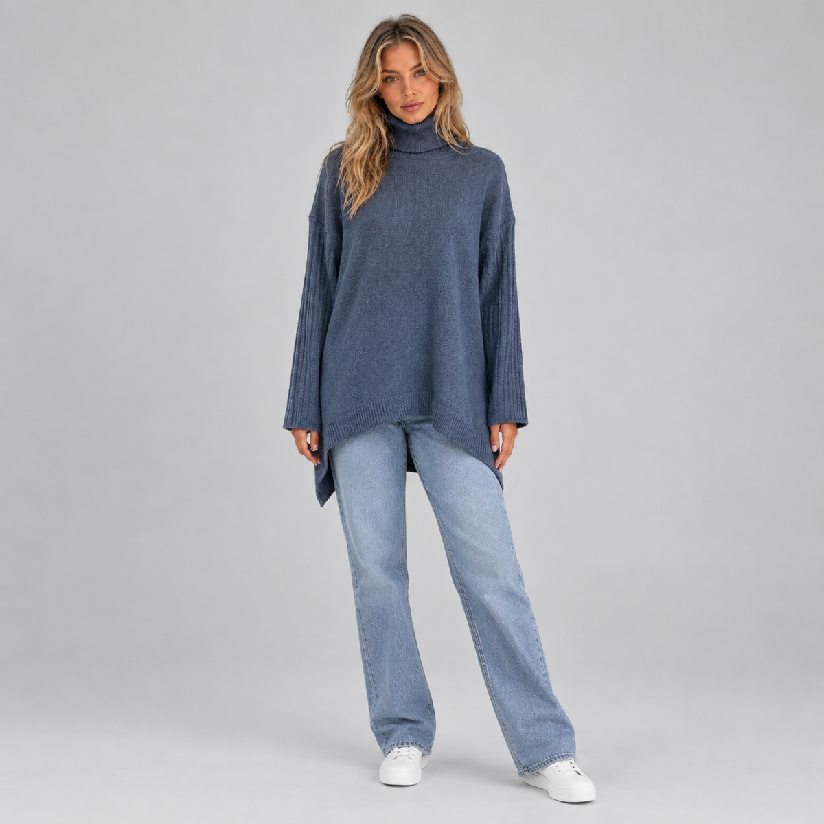 Women’s Roll Neck Oversized Jumper on a model, front view