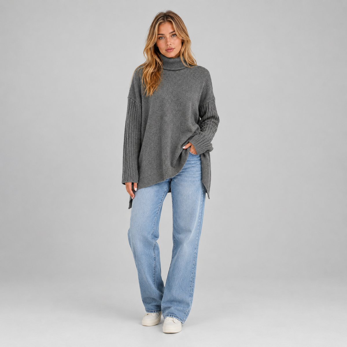 Women’s Roll Neck Oversized Jumper on a model, colour option