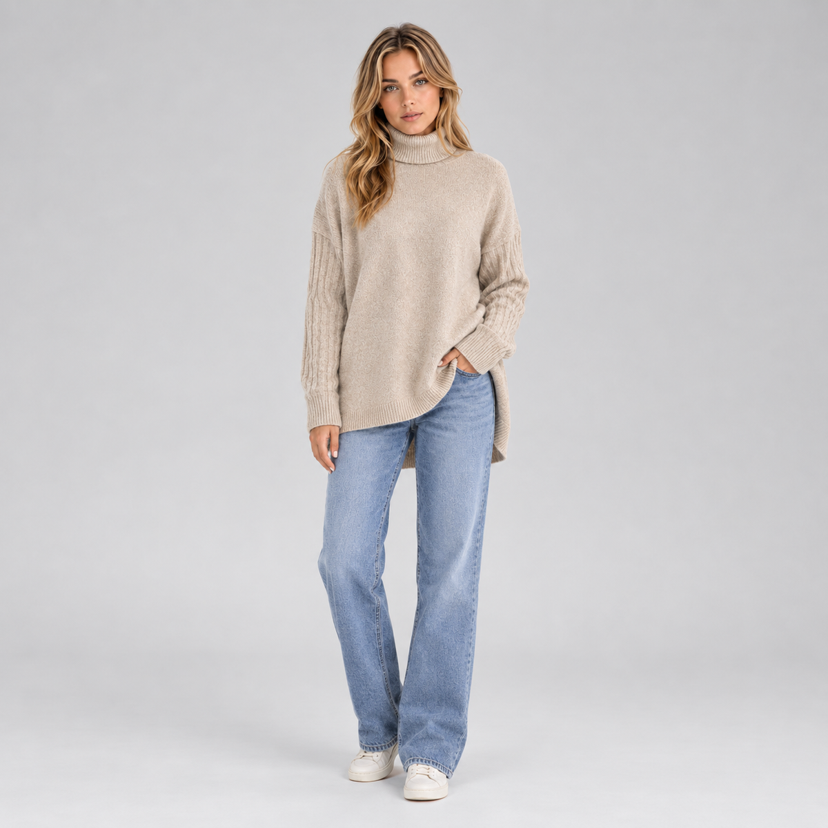 Women’s Roll Neck Oversized Jumper on a model, colour option