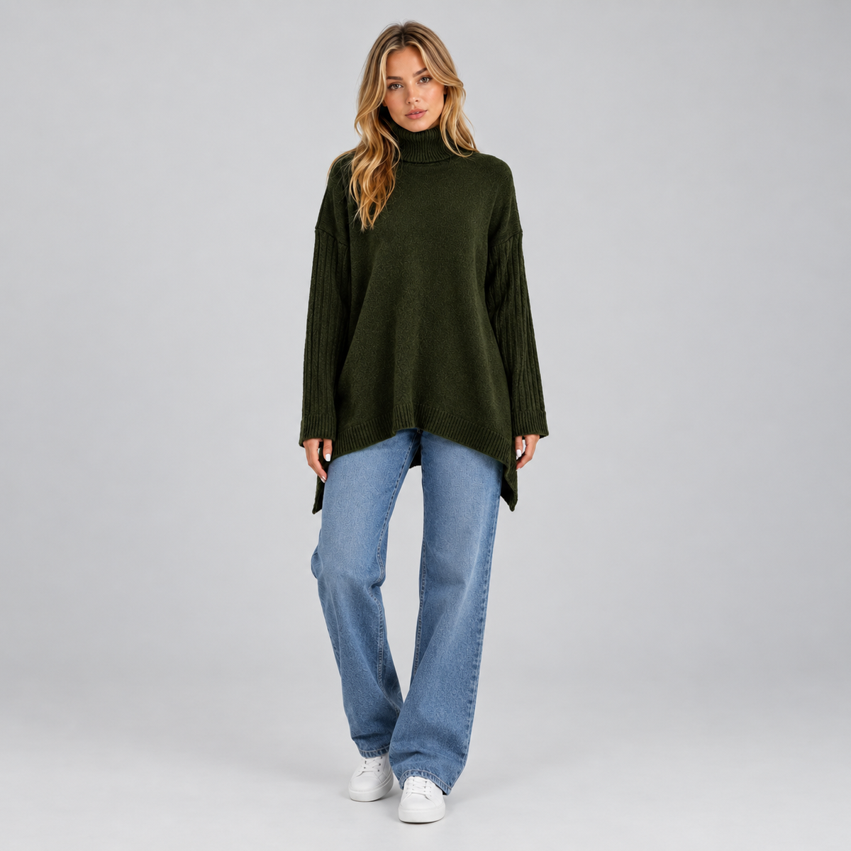Women’s Roll Neck Oversized Jumper on a model, colour option