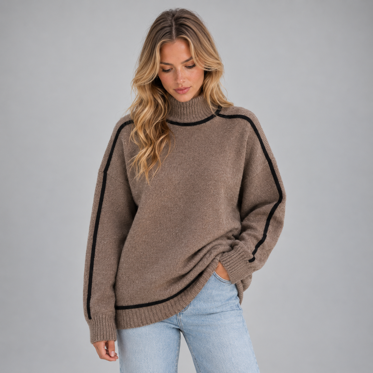 Women’s Roll Neck Jumper on a model, front detail