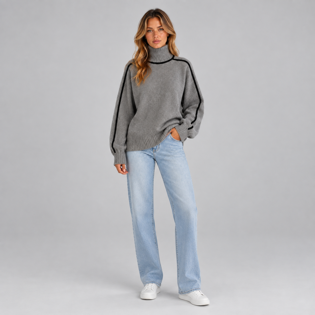 Women’s Roll Neck Jumper on a model, colour option