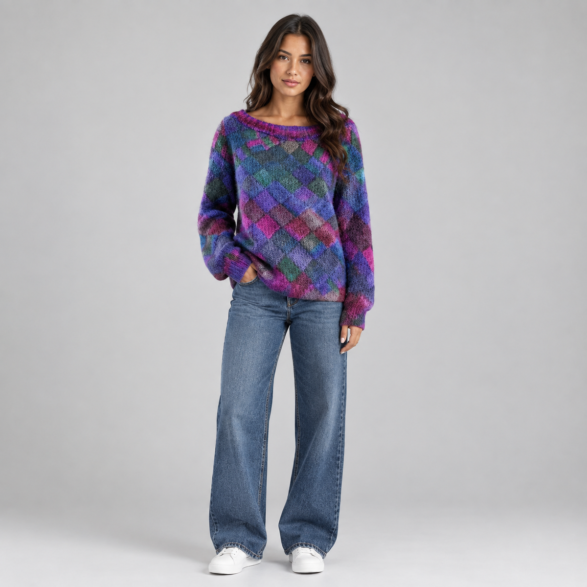 Women’s Relaxed-Fit Diamond-Pattern Knit Sweater on a model, front view