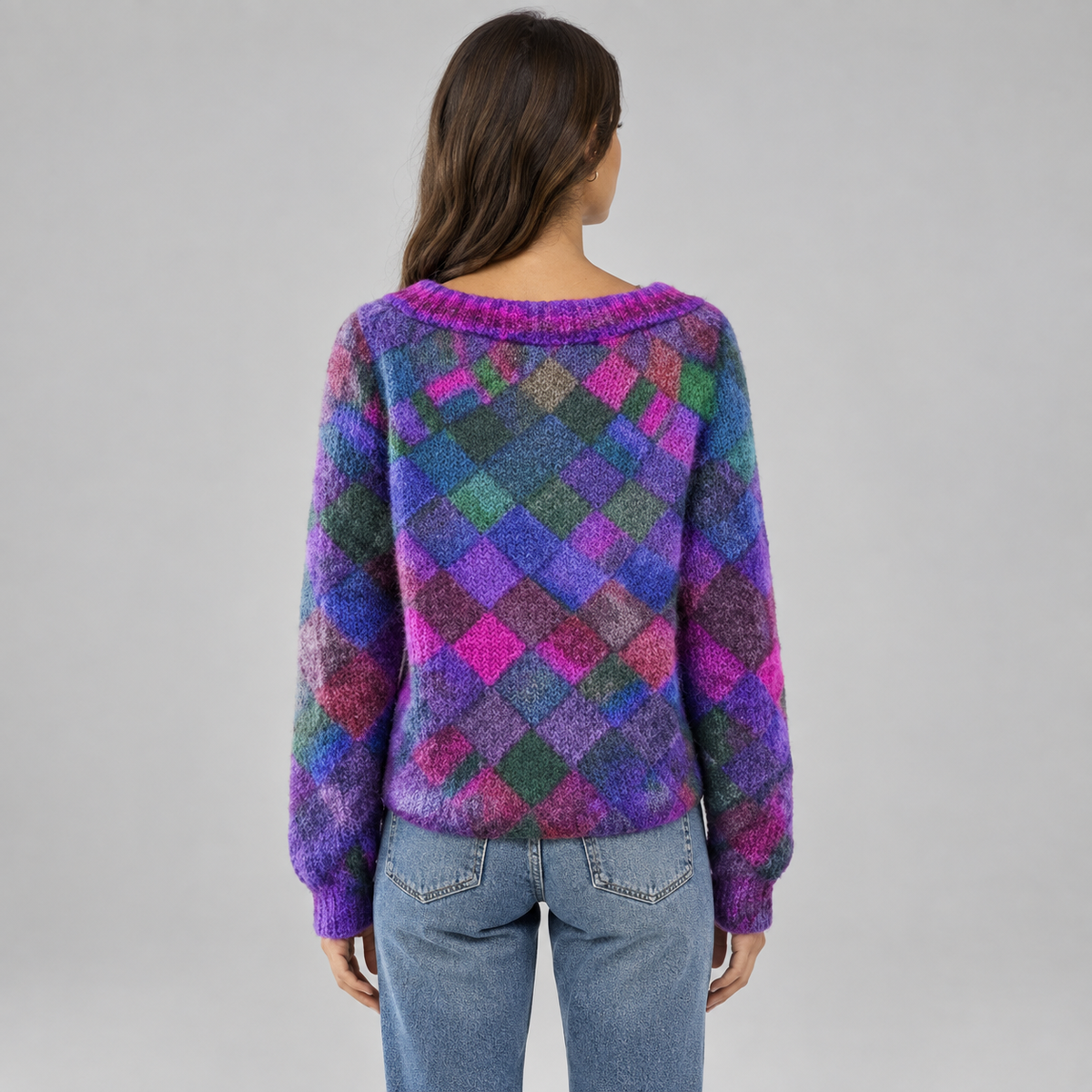 Women’s Relaxed-Fit Diamond-Pattern Knit Sweater on a model, back view