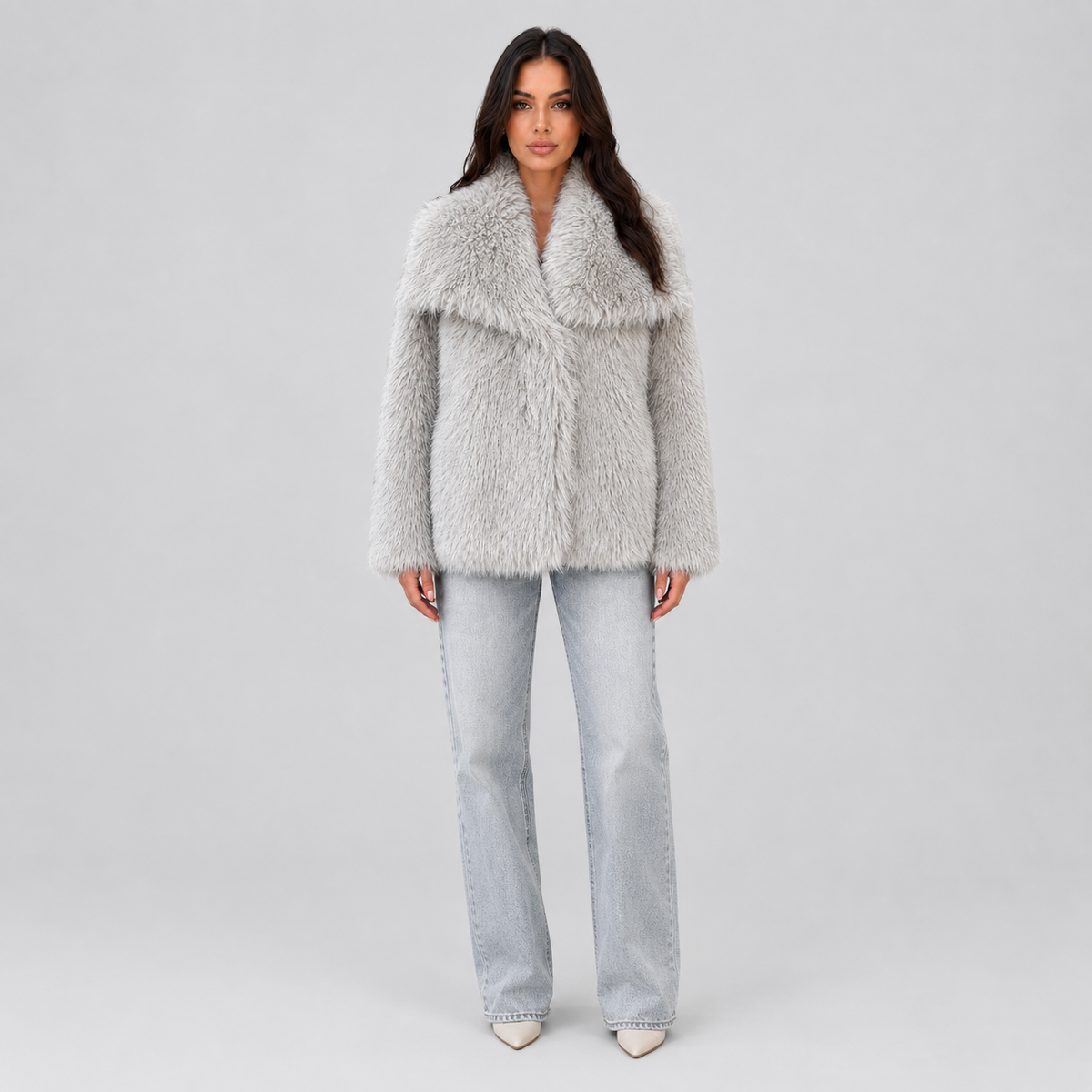 Women’s Faux Fur Jacket on a model, front view