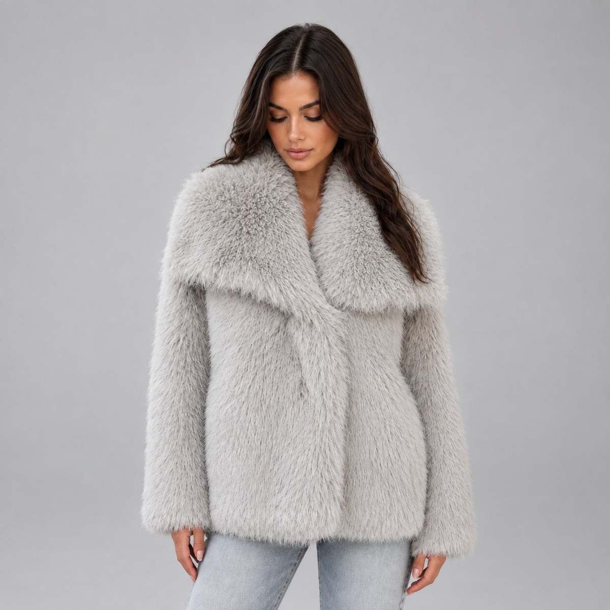 Women’s Faux Fur Jacket on a model, front detail