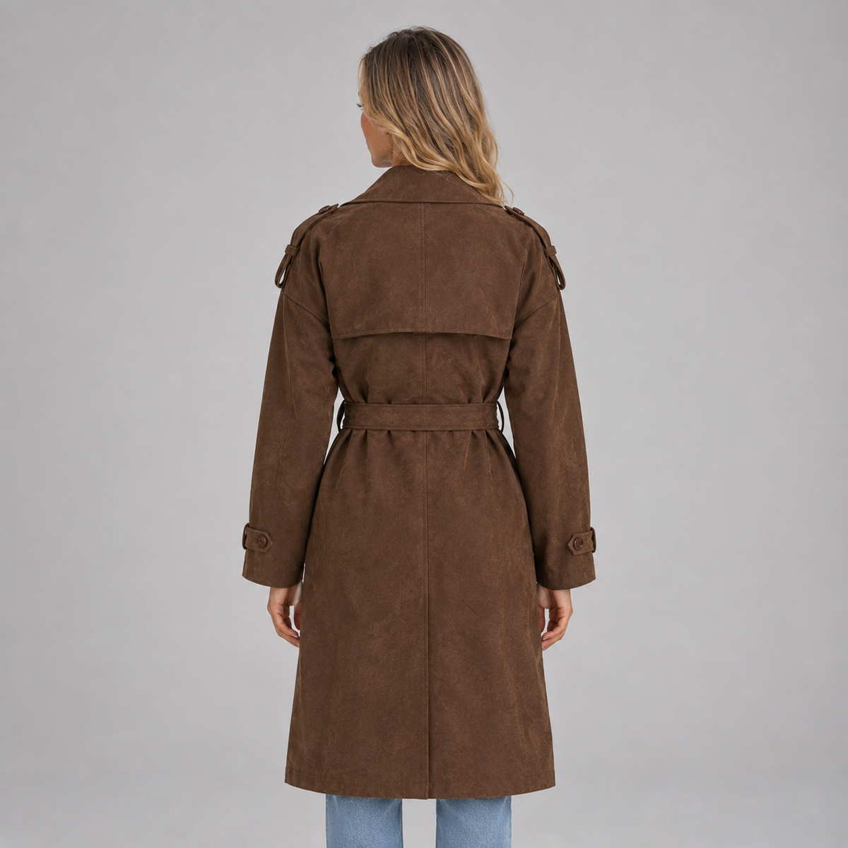Women’s Suede Look Trench Coat on a model, back view