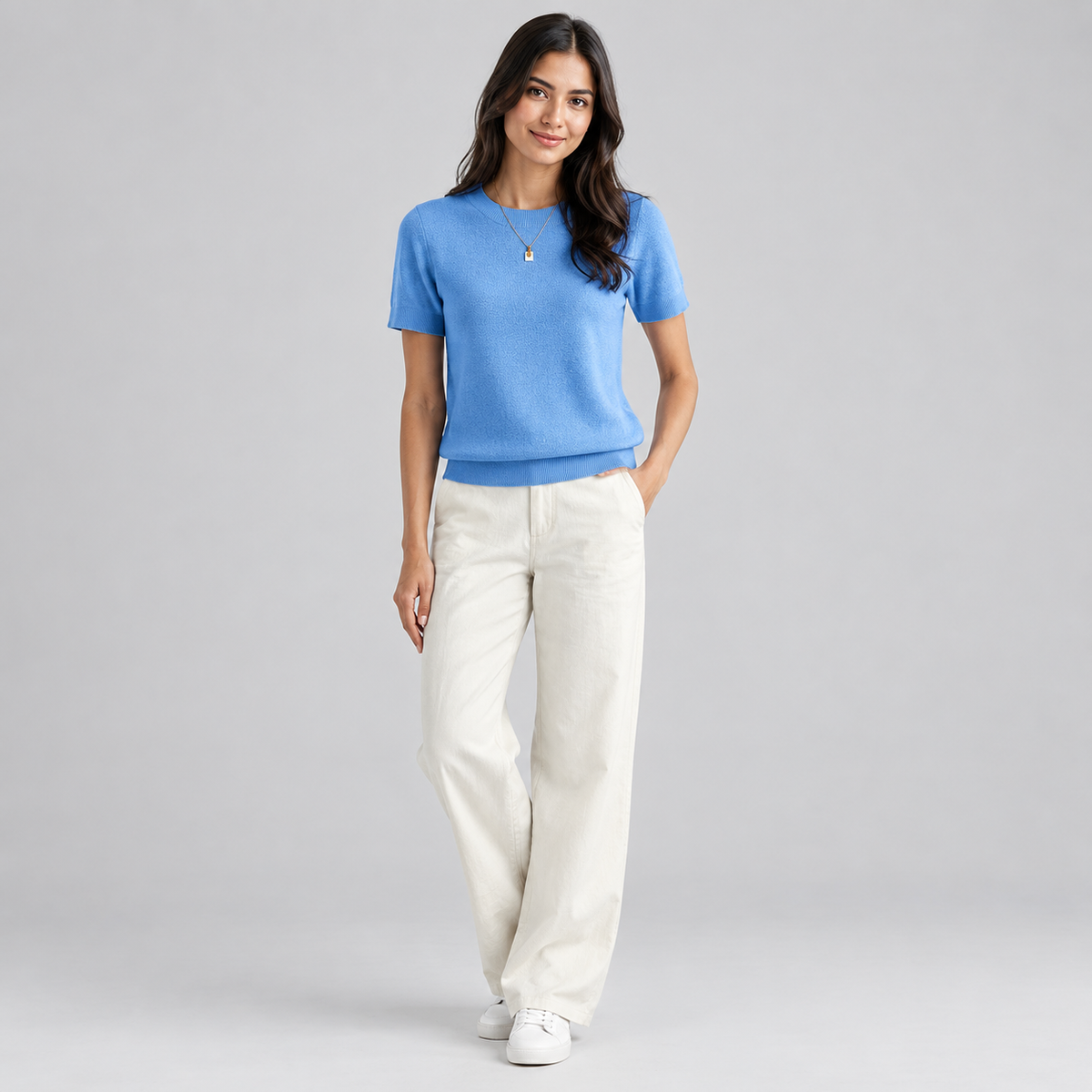 Women’s Relaxed Fit Short Sleeve Knit Sweater Top on a model, front view