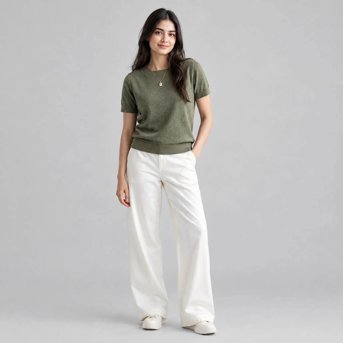 Women’s Relaxed Fit Short Sleeve Knit Sweater Top on a model, colour option