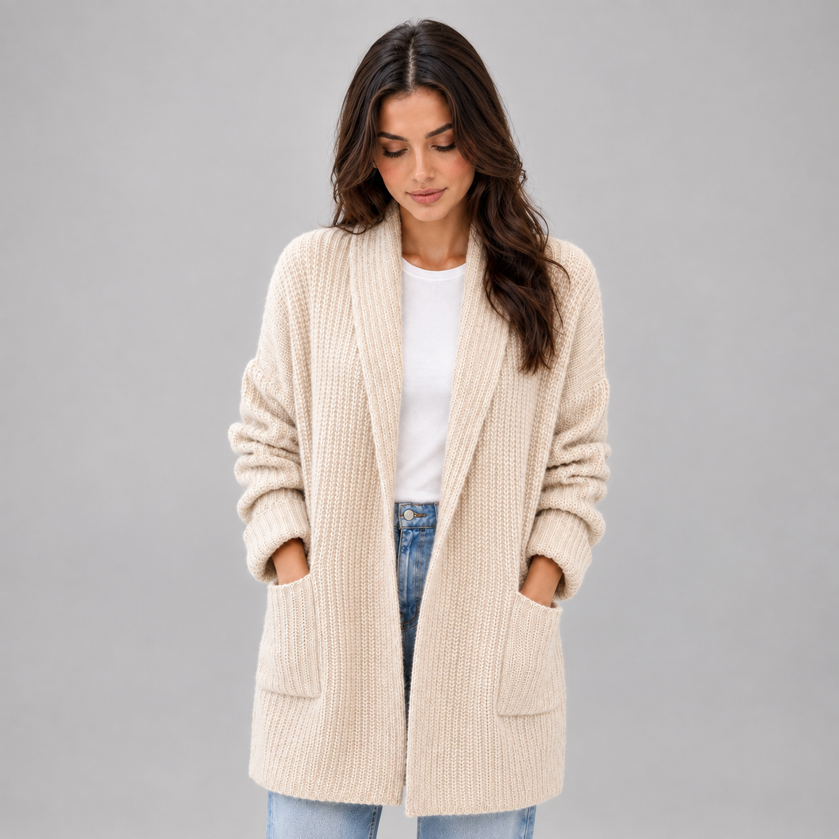Women’s Open Front Cardigan with Pockets on a model, front detail