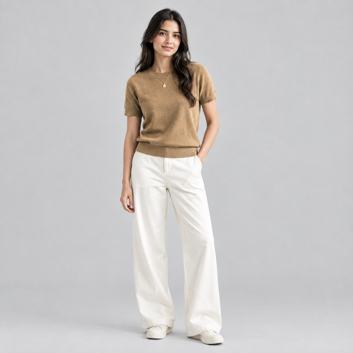 Women’s Relaxed Fit Short Sleeve Knit Sweater Top on a model, colour option