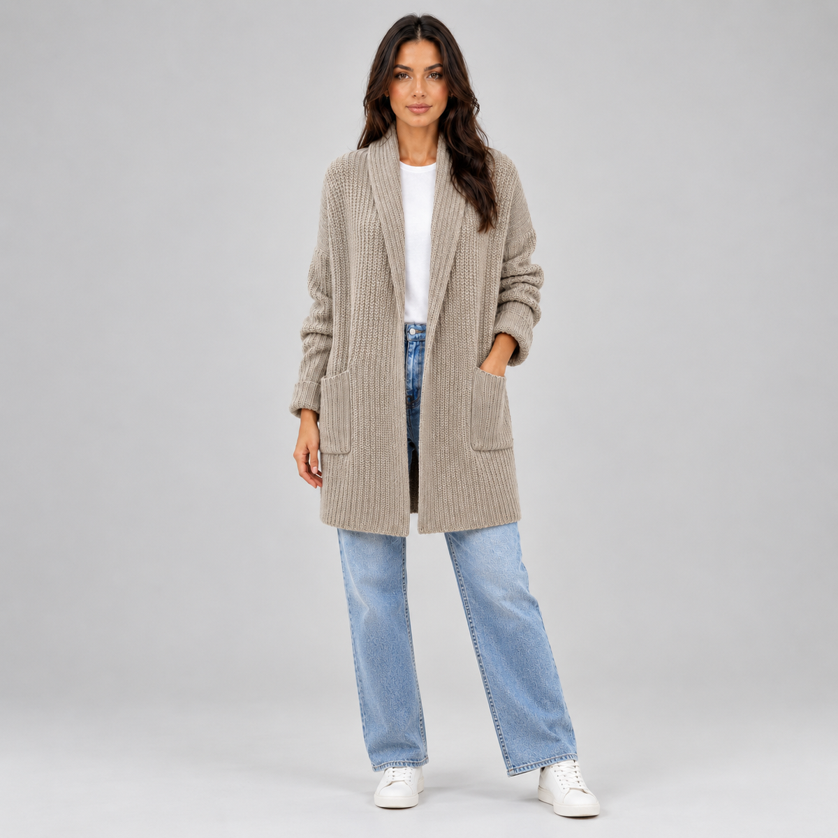 Women’s Open Front Cardigan with Pockets on a model, colour option