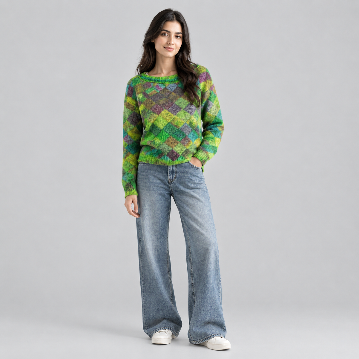 Women’s Relaxed-Fit Argyle Knit Sweater on a model, front view
