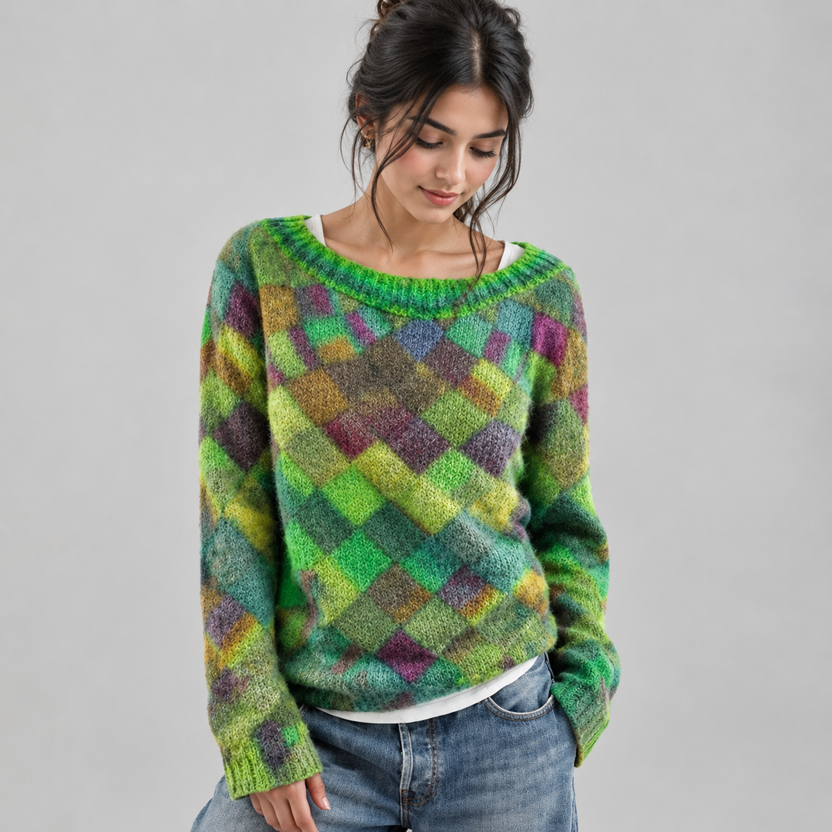 Women’s Relaxed-Fit Argyle Knit Sweater on a model, front detail