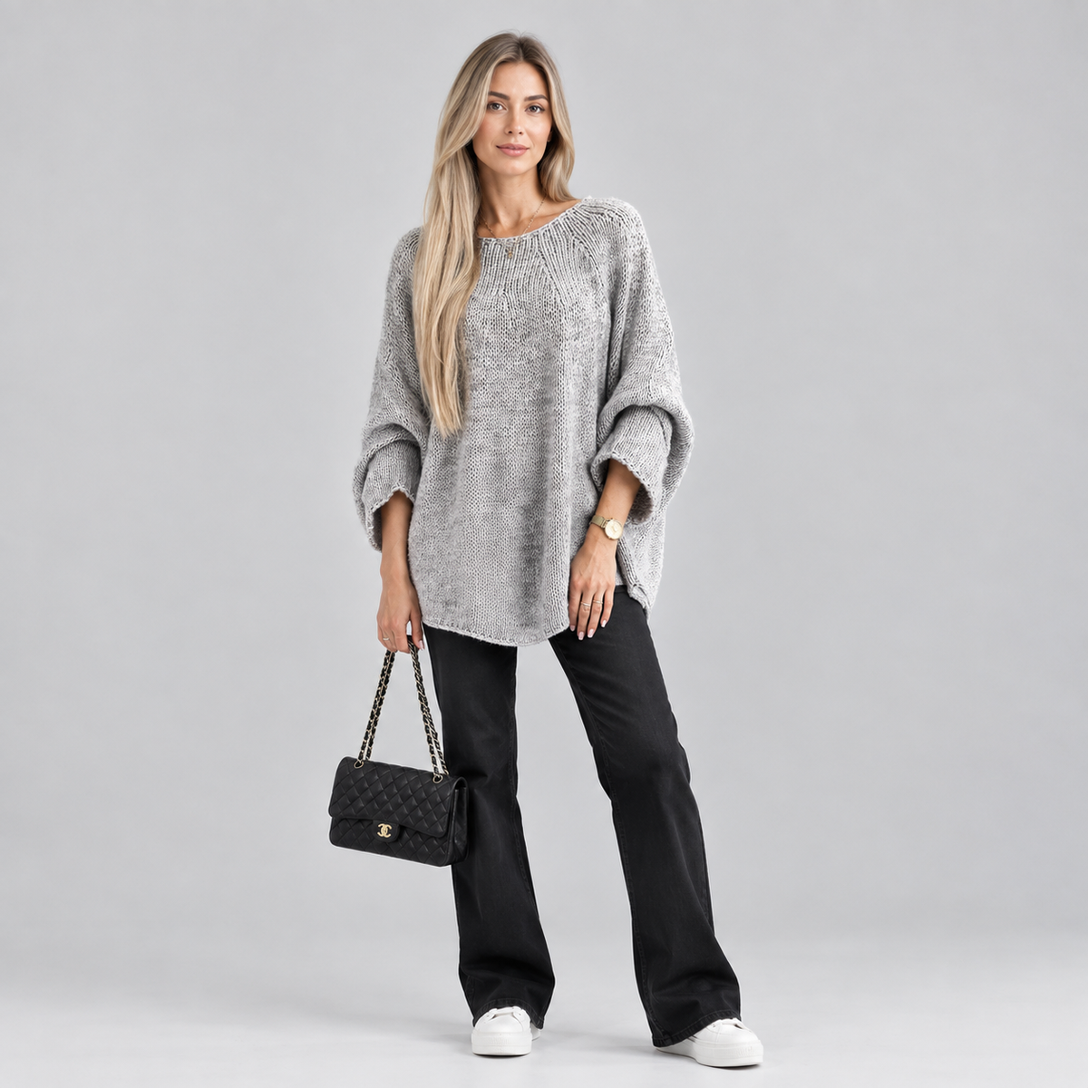 Women’s Oversized Batwing-Sleeve Knit Sweater on a model, colour option