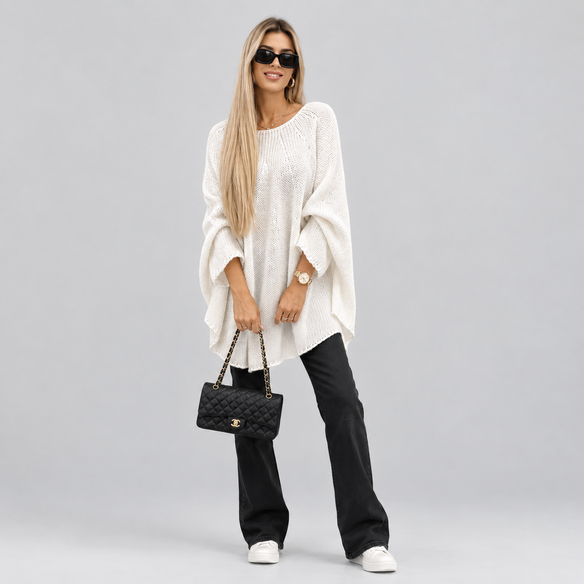 Women’s Oversized Batwing-Sleeve Knit Sweater on a model, colour option