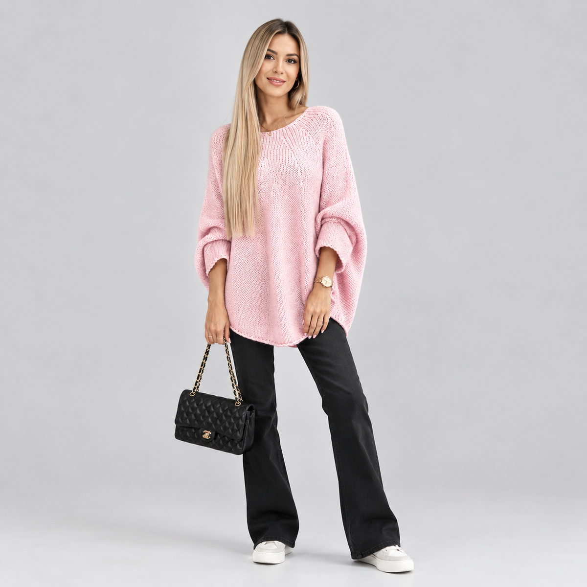Women’s Oversized Batwing-Sleeve Knit Sweater on a model, colour option
