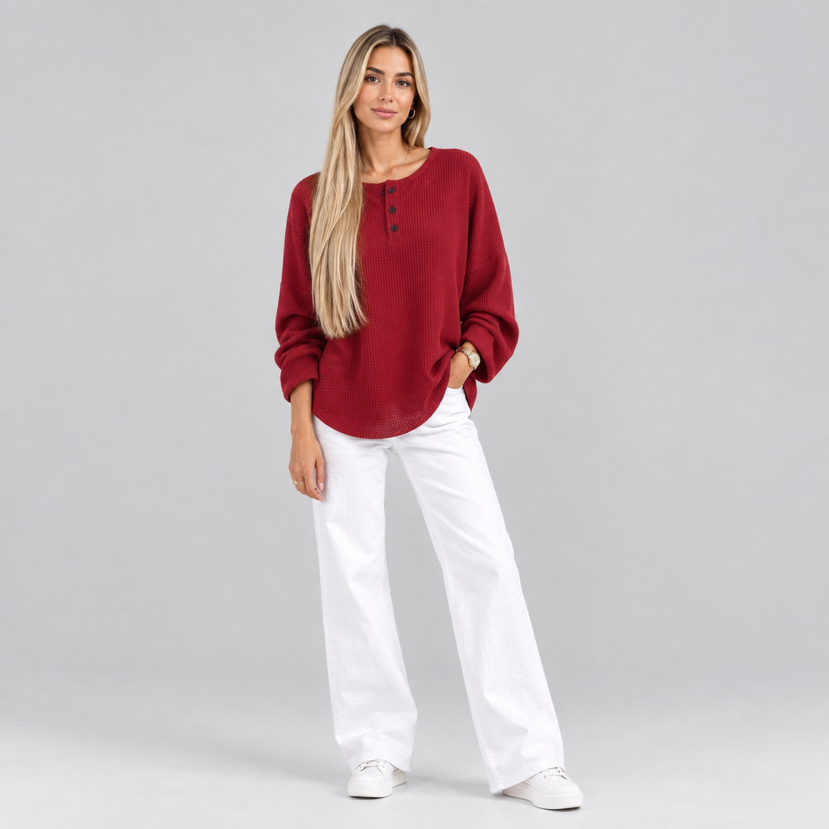 Women’s Relaxed-Fit Waffle Knit Henley Top on a model, colour option