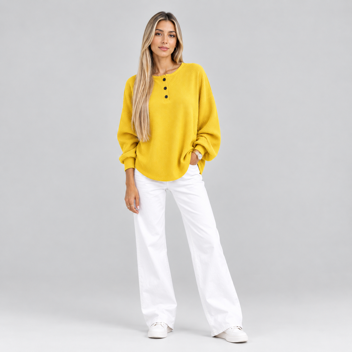 Women’s Relaxed-Fit Waffle Knit Henley Top on a model, colour option