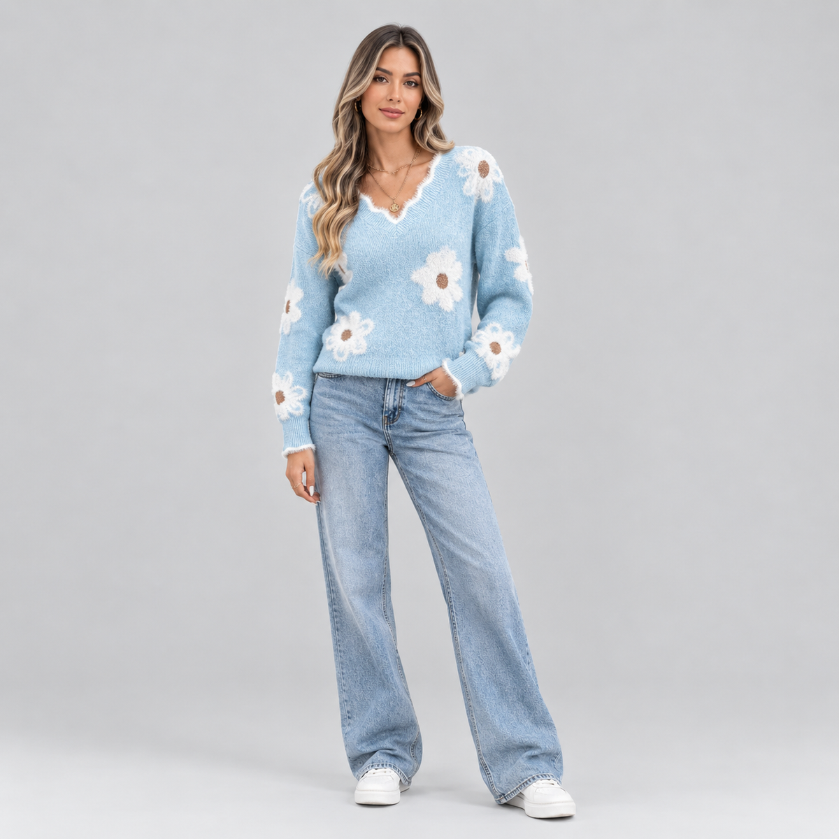 Women's V-Neck Floral Daisy Knit Sweater on a model, front view