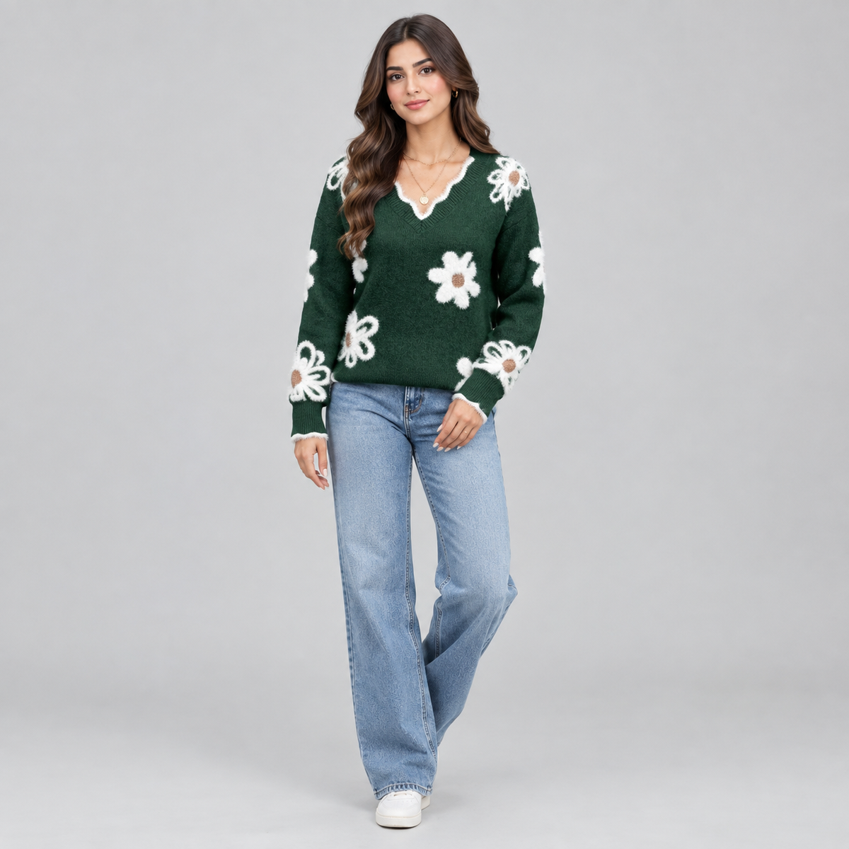 Women's V-Neck Floral Daisy Knit Sweater on a model, colour option
