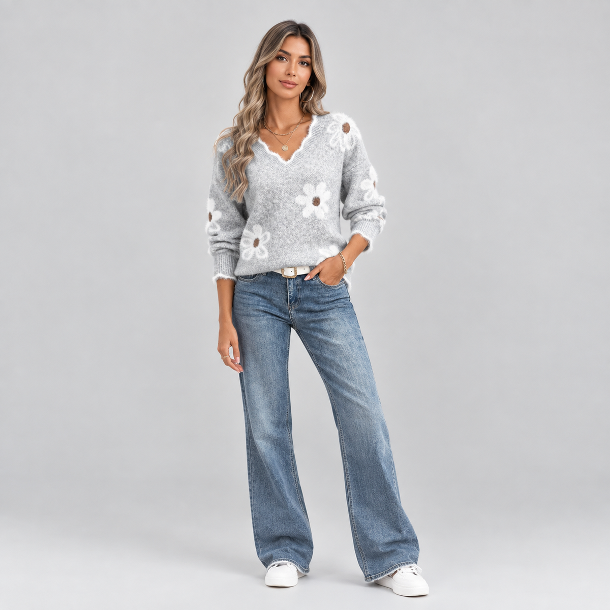 Women's V-Neck Floral Daisy Knit Sweater on a model, colour option