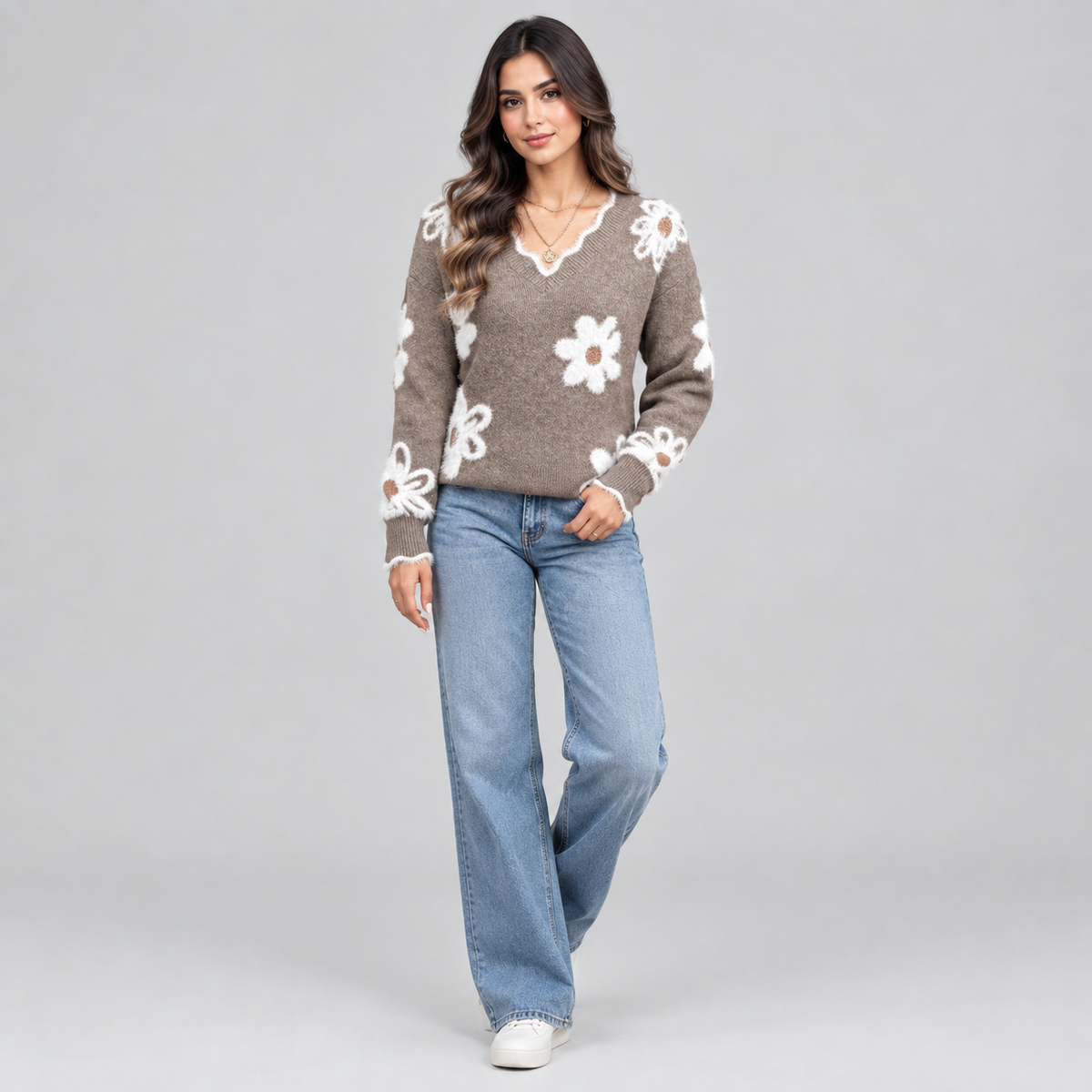 Women's V-Neck Floral Daisy Knit Sweater on a model, colour option