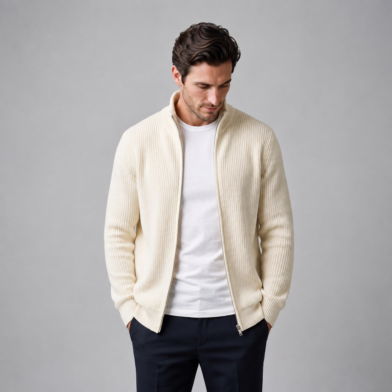 Men's Ribbed Full-Zip Knit Cardigan
