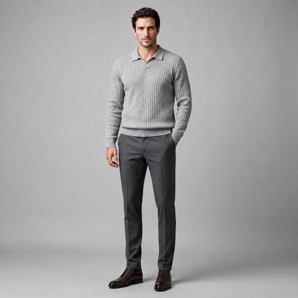 Men's Ribbed Knit Polo Sweater