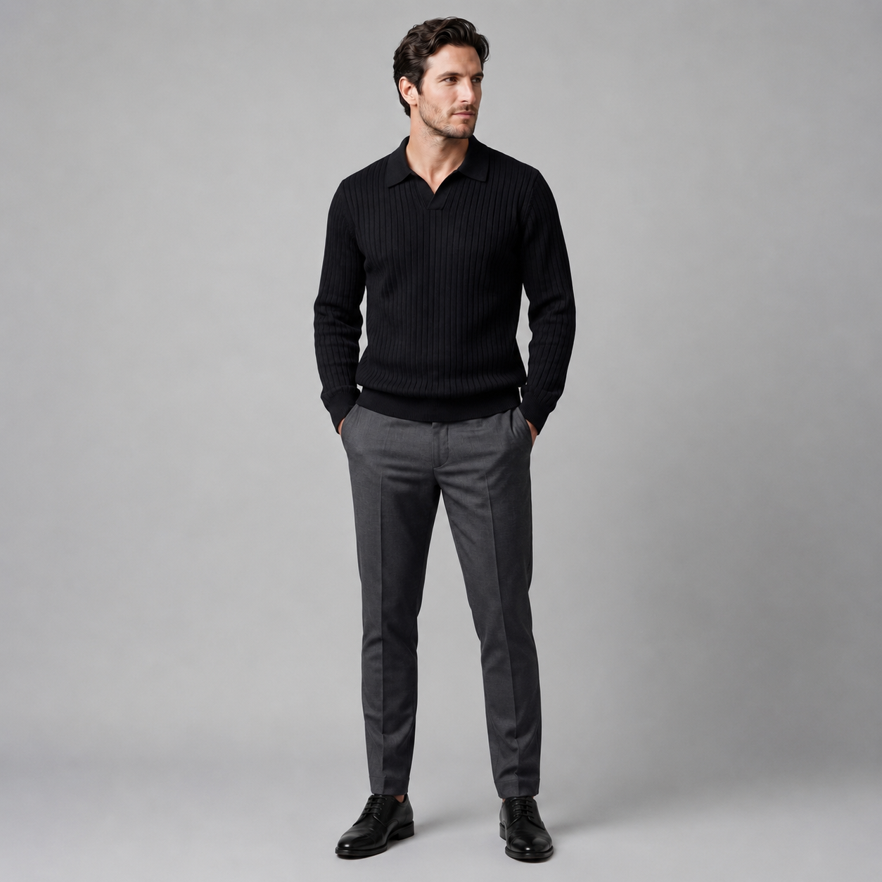 Men's Ribbed Knit Polo Sweater