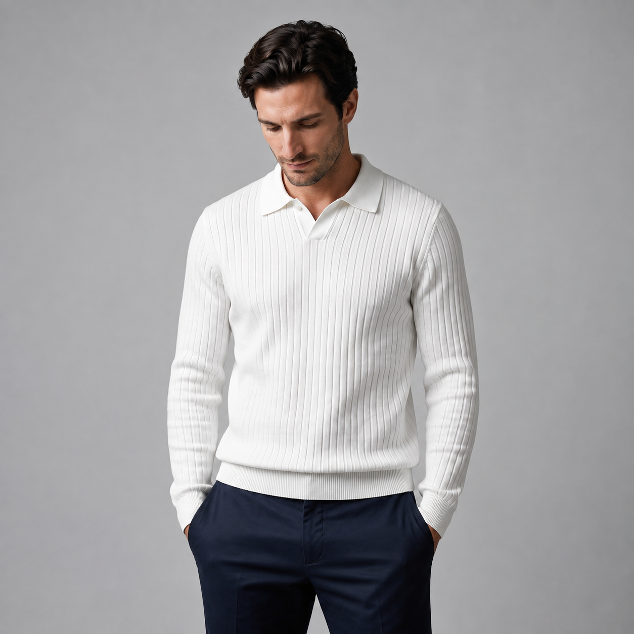 Men's Ribbed Knit Polo Sweater