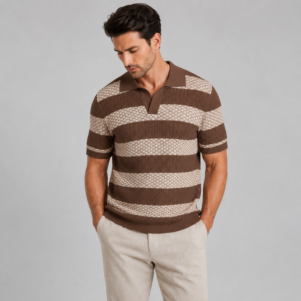 Men’s Striped Contrast Knit Polo Shirt