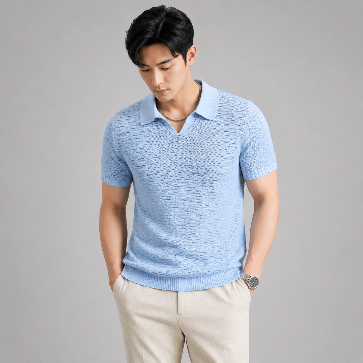Men’s Short Sleeve Knit V-Neck Polo Shirt